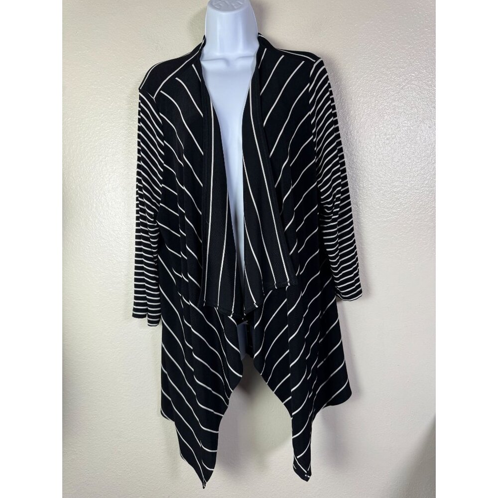 Chicos Travelers 3 Slinky Knit Black White Striped Waterfall Cardigan Size XL